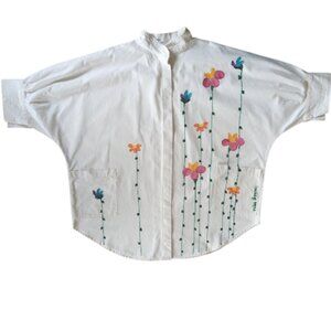 VINTAGE | Hand Painted Floral Oversized Button Up Cotton Shirt Artsy Laganlook